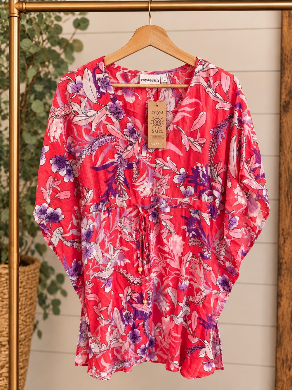 raya sun Pink & Purple Floral V-Neck Beach Tunic